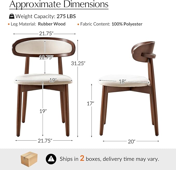 HULALA HOME Dining Chairs Set of 4 Mid-Century Modern Fabric Upholstered Dining Room Chairs Kitchen Side Chair with Open Curved Back, Walnut Rubber Wood Legs, Dinner Chairs for Living Room, Beige