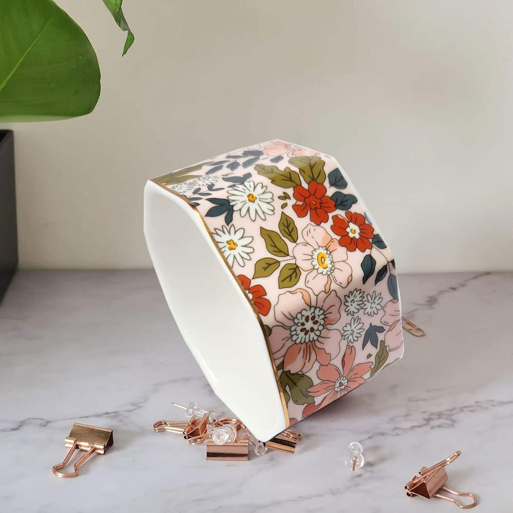 Ceramic Paper Clip Holder Gold Line Paper Clip Dispenser Organizer for Desk Cute Floral Pattern Office Binder Clip Holder Bobby Pin and Hair Clip Holder Gift for Office Pink Flowers