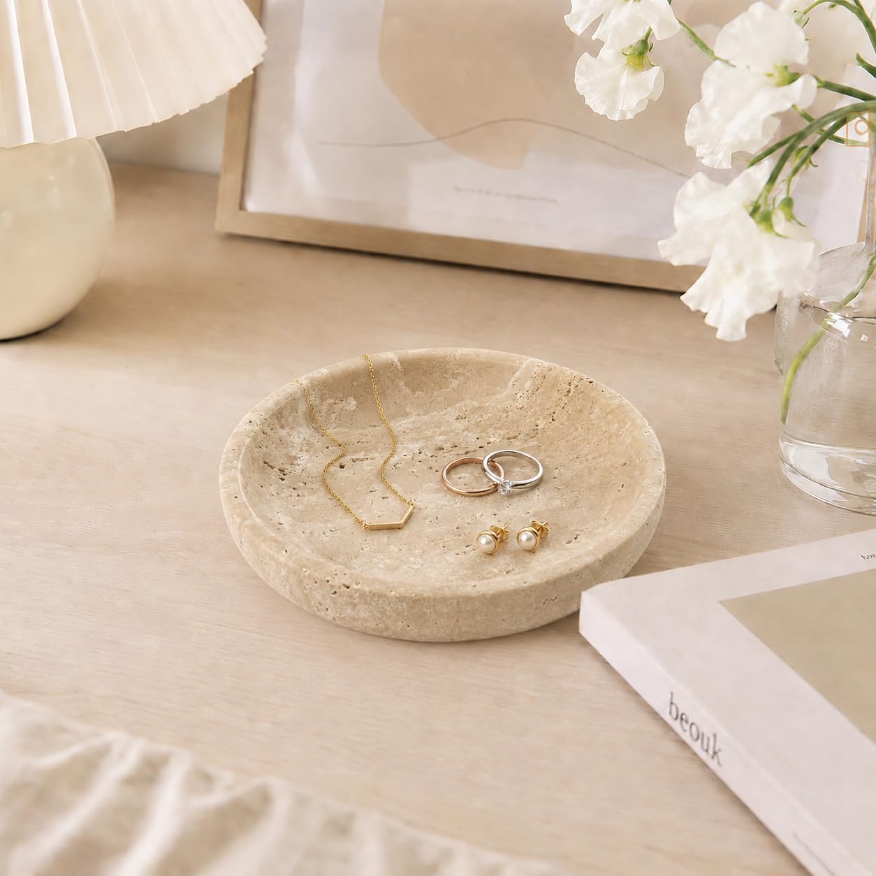 Small Natural Marble Jewelry Tray Key Plate Holder Dish Trinket Decor Catch All Bowl for Ring Earring Stone Gift for Women Daugther,Beige Travertine，5.5"