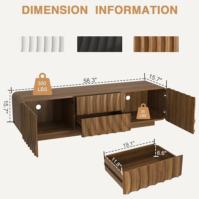 58'' Modern Spiral Wave TV Stand for 65 Inch TV, Media Console with Storage Cabinet & 2 Drawers, Rounded Corner Entertainment Center for Living Room Bedroom (Walnut)