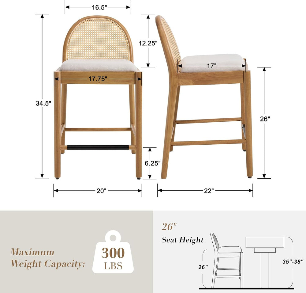HEAH-YO Rattan Bar Stools Set of 2, 26 Inch Wood Counter Stools with Bakcrest...