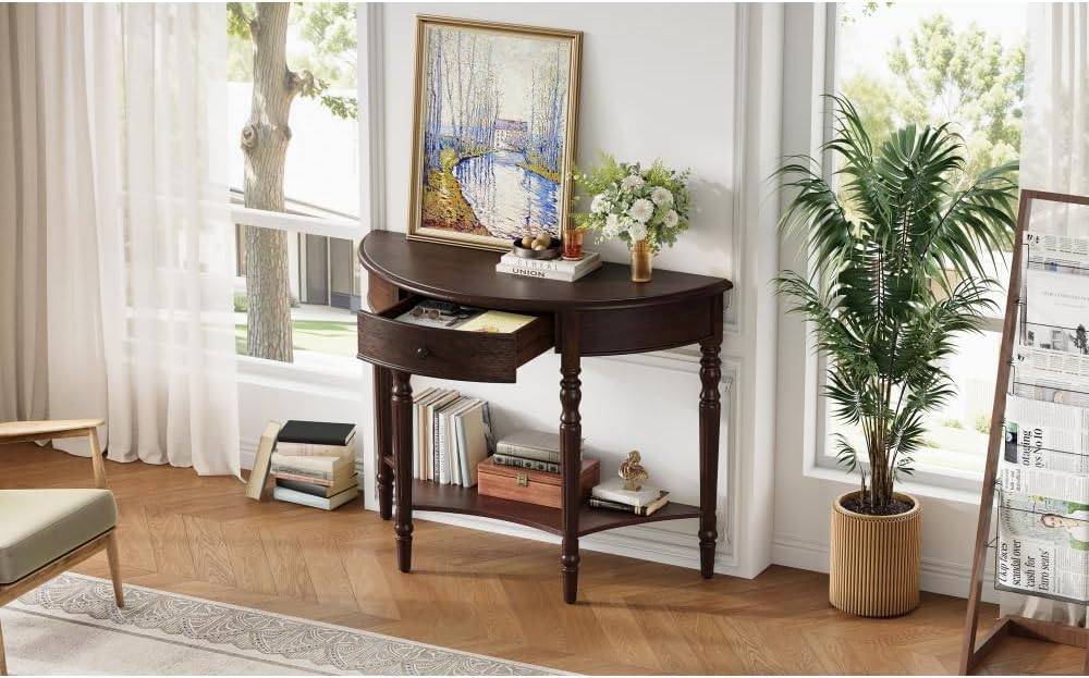 ZOEDO Farmhouse Half Moon Console Table with Drawer & Shelf - Rustic Acce...