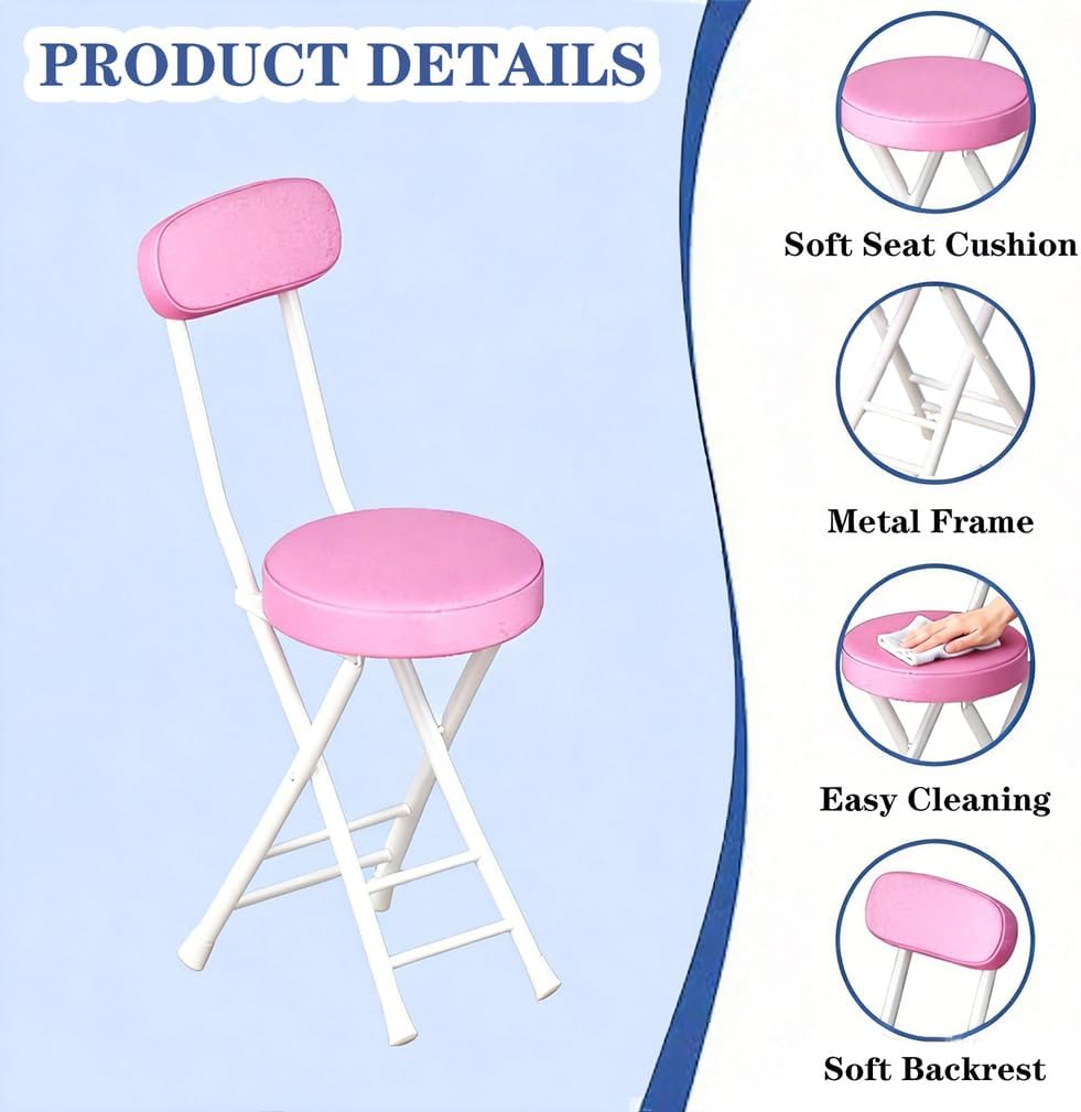 Folding Stool with Back, Padded Leather Round Foldable Stool, Foldable Bar Ch...