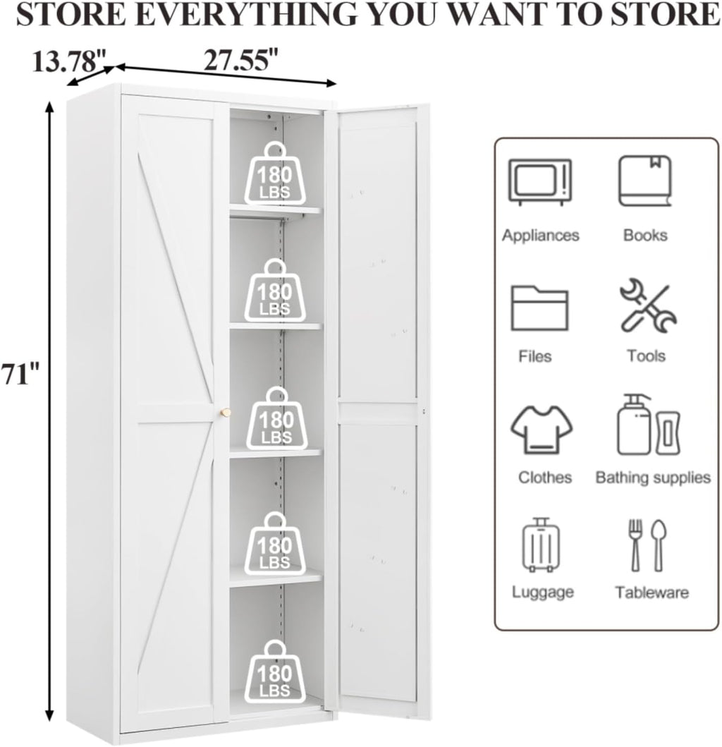 Extra Tall 2-Door Metal Storage Cabinet, 71-Inch Pantry Cabinet with Adjustable Shelves, 180 lbs Capacity, Large Steel Locker for Kitchen, Pantry, Utility Room