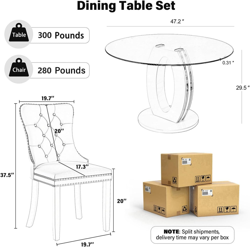 RGZ 5 PCS Luxury Clear Glass Round Dining Table Set, 47'' Modern Circ...