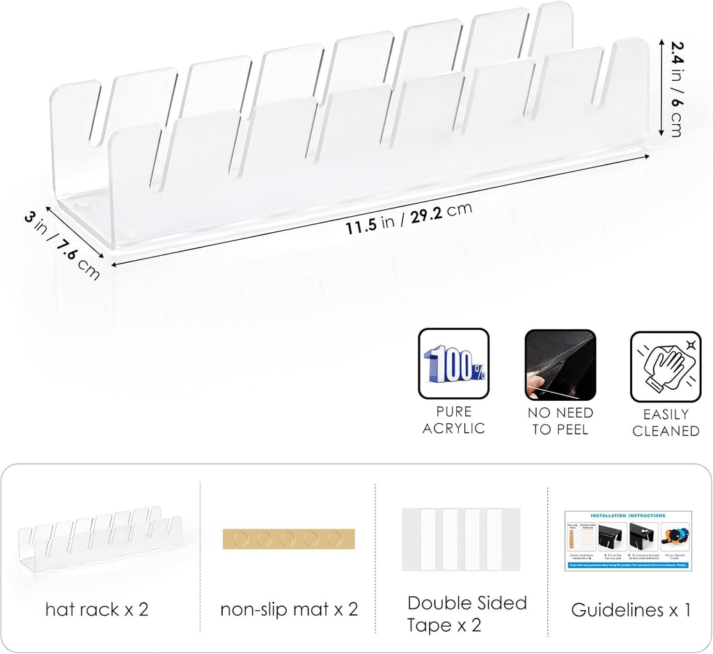 HAYVAN Hat Stand for Baseball Caps Display and Organizer - No Install Hat Organizer 2 Pack Holds 14 Baseball Caps for Closet, Bedroom, Dresser(Frosted clear acrylic)