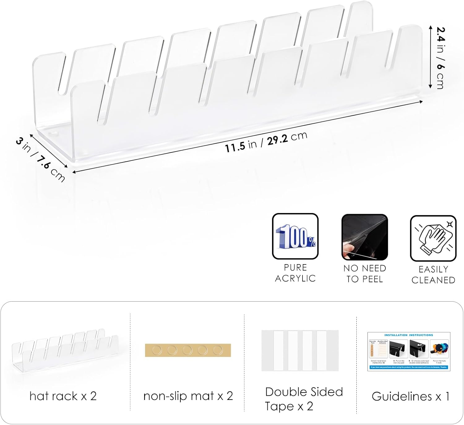 HAYVAN Hat Stand for Baseball Caps Display and Organizer - No Install Hat Organizer 2 Pack Holds 14 Baseball Caps for Closet, Bedroom, Dresser(Frosted clear acrylic)