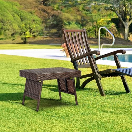 VINGLI Outdoor Folding Rattan Side Table, Portable Wicker End Table for Patio...