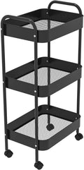3-Tier Metal Utility Rolling Cart, Multi-Functional Storage Trolley for Office, Living Room, Kitchen, Movable Storage Organizer with Wheels, Black
