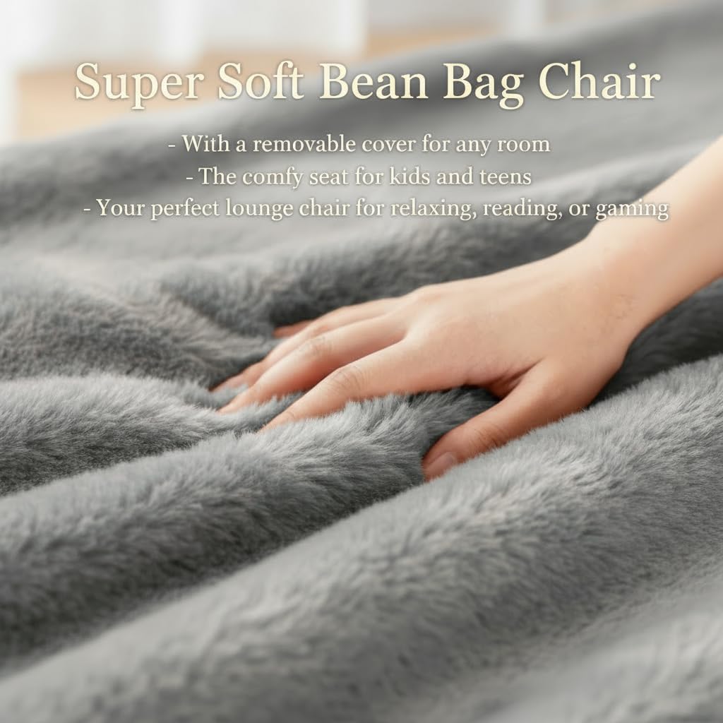 Faux Rabbit Fur Bean Bag Chair Cover Only (No Filler), Stuffed Animal Storage Bean Bag Cover, Ultra‑Soft, Washable, Zippered, Non‑Slip Bottom, Handle,Living Room Furniture for Adults Grey