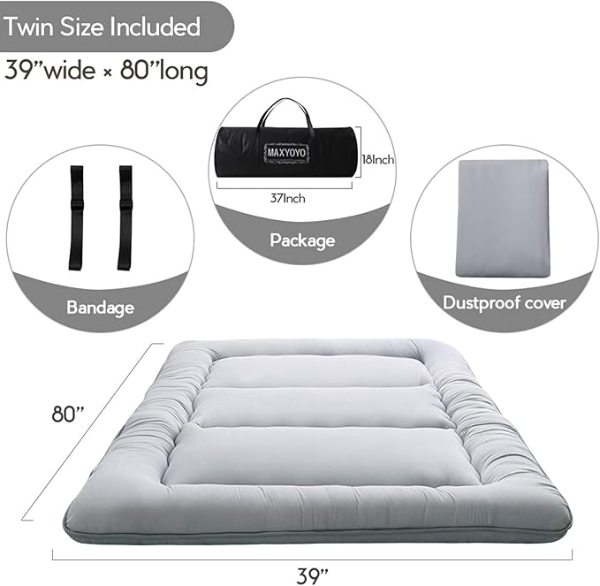MAXYOYO Japanese Floor Mattress Futon Mattress, 4" Thicken Tatami Mat Sleeping Pad Foldable Roll Up Mat Boys Girls Dormitory Pad Kids Floor Lounger Pillow Bed, Charcoal Grey, Queen Size