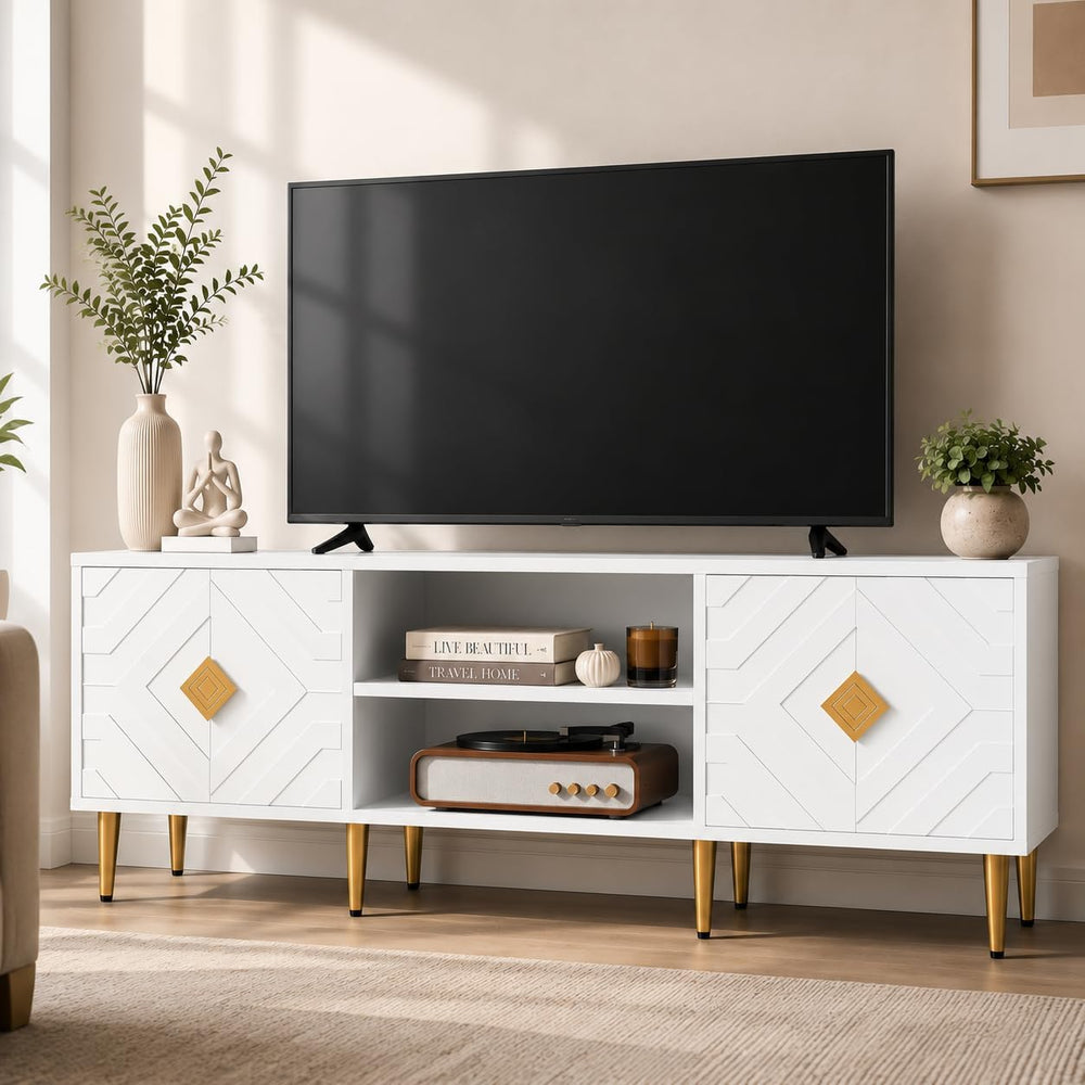 HLR 63'' White TV Stand for 65/70/75 inch TV, Entertainment Center wi...