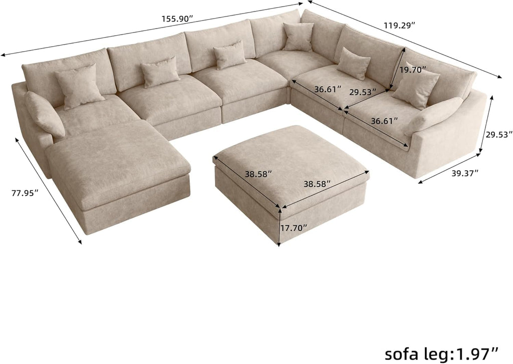 156" Cloud Modular Sectional Sofa Couch,U Shaped Couch with Ottoman,Down Filled 8 Seater Convertible Sleeper Bed Living Room Set,Covers Washable&Replaceable (Khkai)