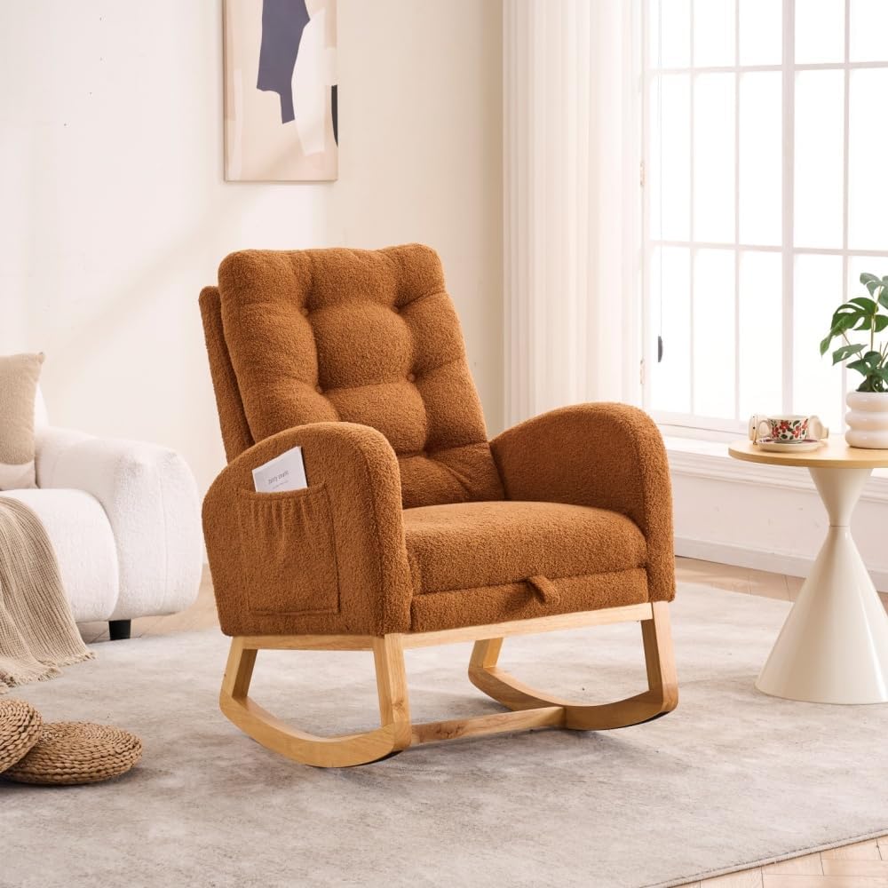 Accent Rocking Chair with Footrest High Back Rubber Wood Rocking Legs Bedroom...