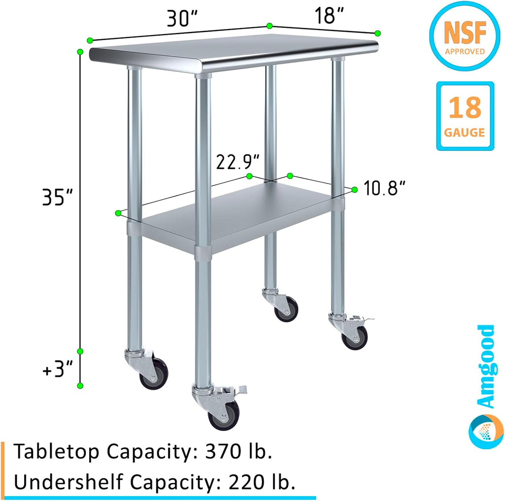 AmGood 18" x 30" Stainless Steel Work Table with Casters | Heavy Duty Metal Utility Table On Wheels | Kitchen Island Cart