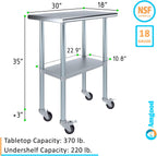 AmGood 18" x 30" Stainless Steel Work Table with Casters | Heavy Duty Metal Utility Table On Wheels | Kitchen Island Cart