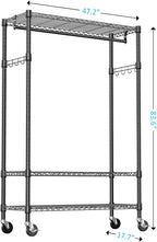 IZEUK Heavy Duty Rolling Garment Rack with 3 Adjustable Wire Shelves, 2 Hanging Rods & Side Hooks - Extra Large Mobile Clothes Rack with Wheels, 47.2" W x 17.7" D x 83.6" H, Black