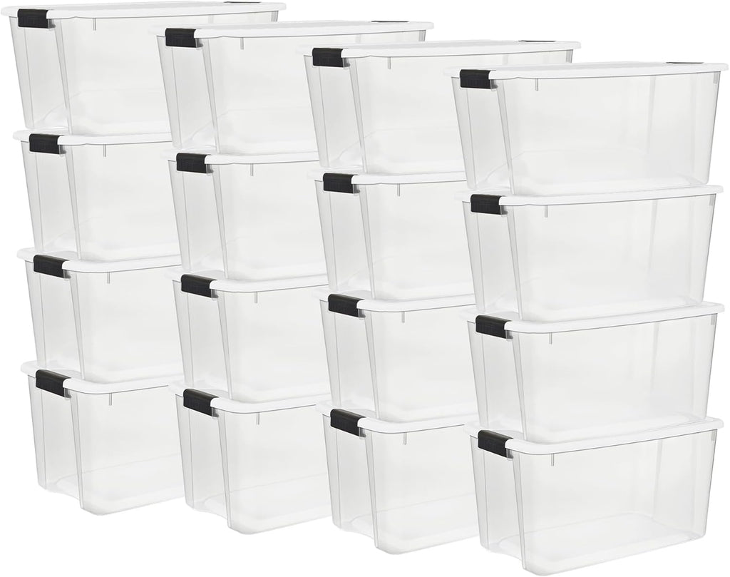 Sterilite 16-Pack Ultra Latching Box, Storage Bins with Lids, Clear Plastic, 70 Quart - Heavy-Duty Organizing Containers for Closet, Bathroom, and Office