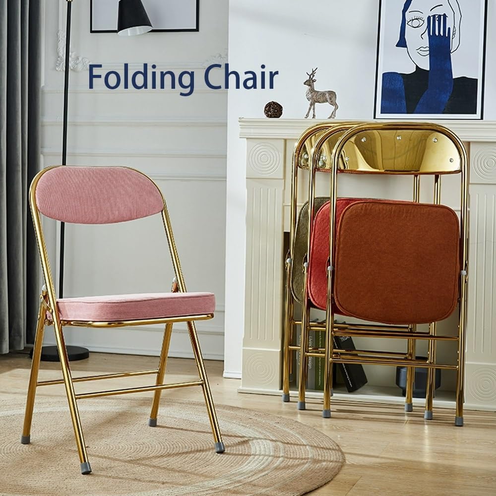 Corduroy Fabric Folding Chair, Home Balcony Retro Folding Chair, Metal Foldab...