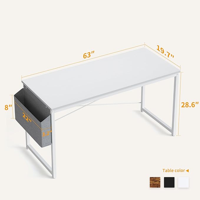 Cubiker Computer Desk 63 inch Home Office Writing Study Desk, Modern Simple Style Laptop Table with Storage Bag, White Metal Frame, White