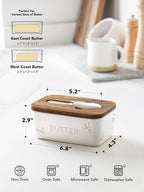 LE TAUCI Butter Dish with Lid for Countertop, Ceramic Butter Container, Embossed Butter Keeper with Acacia Wood lid, Knife, and Airtight Cover, Farmhouse Decor - Set of 1, Arctic White, Bee Pattern