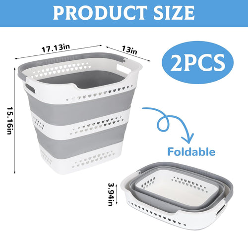 2 Pcs Collapsible Laundry Baskets for Dirty Clothes, 43L Plastic Laundry Hamper for Dorm Bedroom, Space Saving Pop-Up Laundry Hamper Container, Durable Foldable Laundry Basket with Handles (Grey)