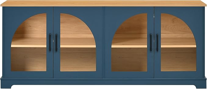 Farmhouse TV Stand with Adjustable Shelves for TVs up to 70'', Entertainment Center with Semi-Arched Glass Doors, Wood Grain Sideboard with Cable Management for Living Room, Blue
