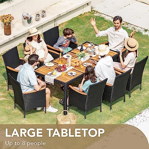 Devoko 9 PCS Acacia Wood Patio Dining Set, Black Rattan