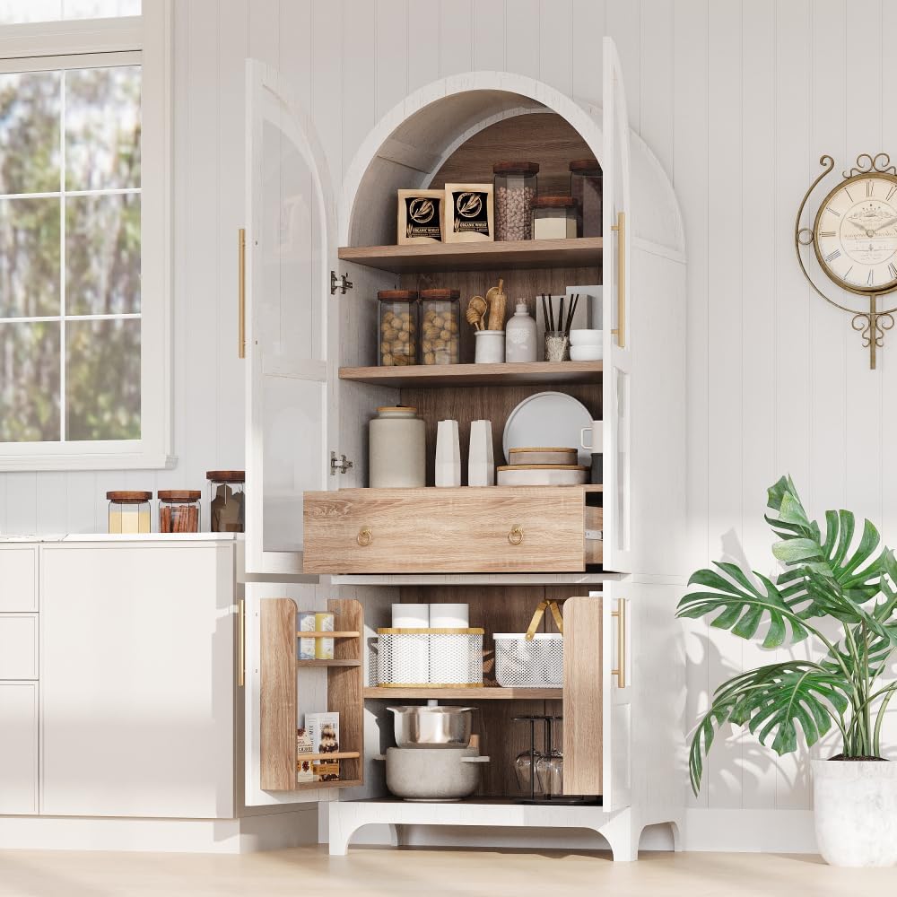 71 Inch Farmhouse Kitchen Pantry Storage Cabinet with Doors, Open Shelf, Hidd...