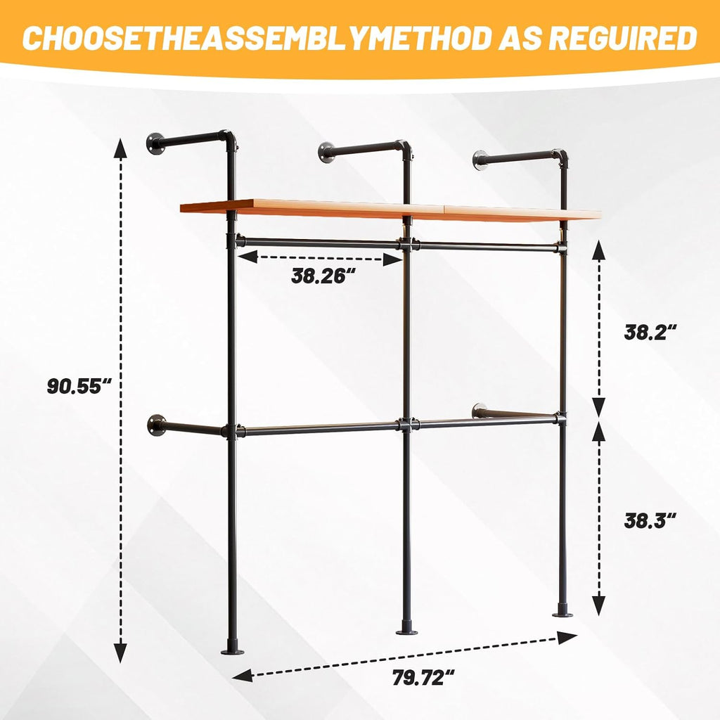 Industrial Pipe Clothing Rack, Reversible 79.7” Clothes Rack for Hanging Clothes with LED Lights, Black Wall Clothing Rack Wall Mounted Rack for Walk-in Closet, Laundry Room or Retail Display