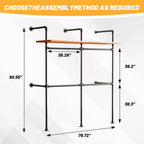 Industrial Pipe Clothing Rack, Reversible 79.7” Clothes Rack for Hanging Clothes with LED Lights, Black Wall Clothing Rack Wall Mounted Rack for Walk-in Closet, Laundry Room or Retail Display