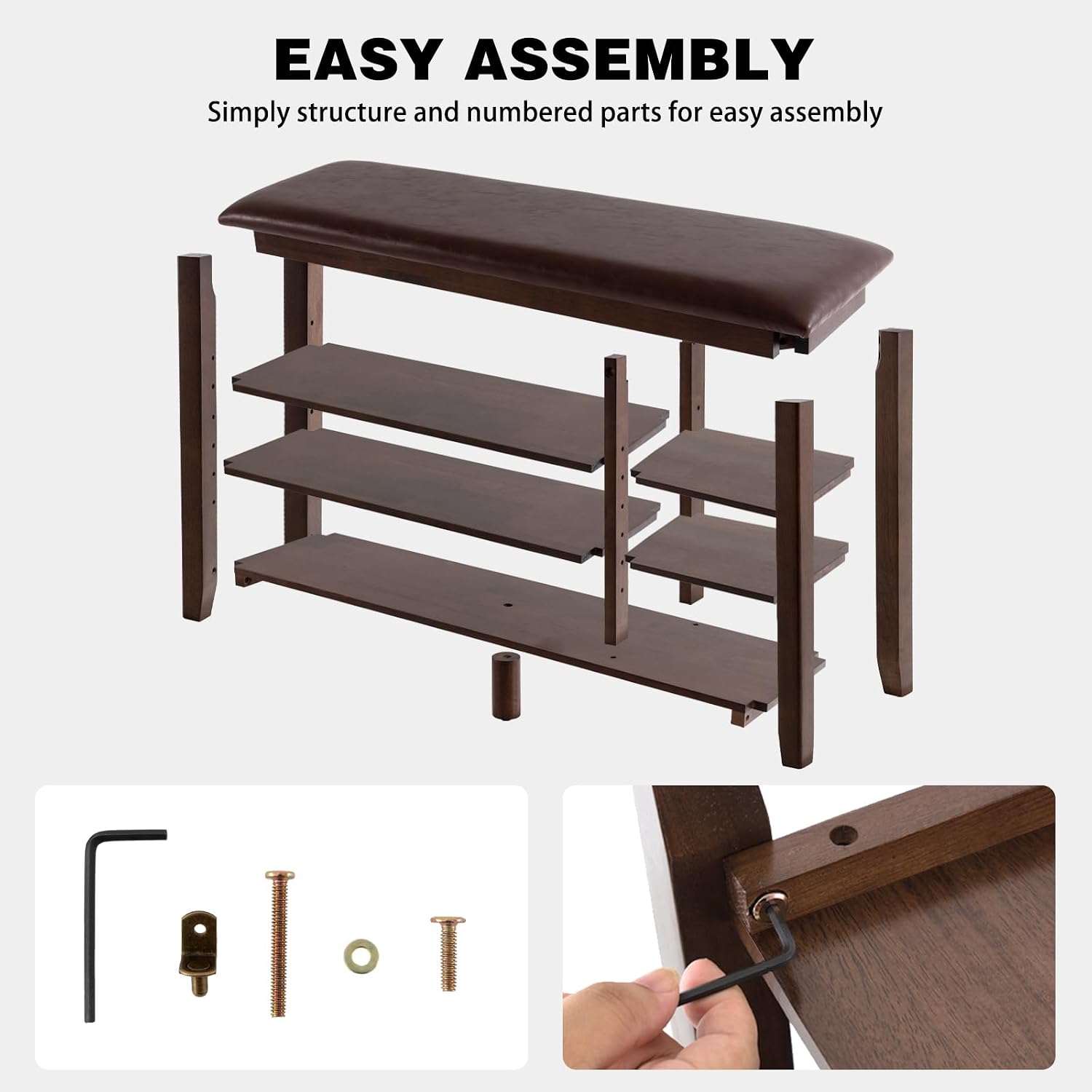 PY HOME & SPORTS Shoe Rack for Entryway 39.4": 3-Tier Shoe Storage Bench, Adjustable/Removable Shelves, Rubberwood Shoe Benches for Hallway, Porch, Bathroom, Brown
