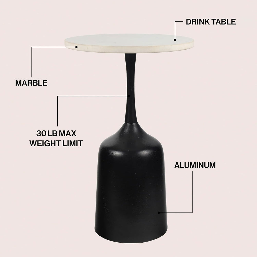 JONATHAN Y Pip Modern Round Marble Drink Table with Antique Black Bell-Shaped...