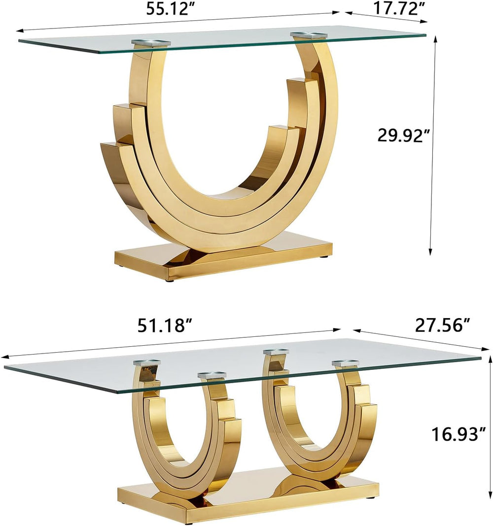 2-Piece Glass Living Room Table Set, C-Shape Stainless Steel Base | Tempered ...