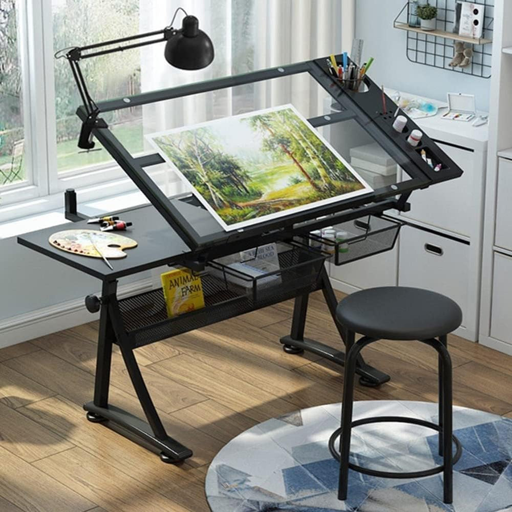 Height Adjustable Professional Drawing Desk, Glass Tabletop,Tiltable Craft Ta...
