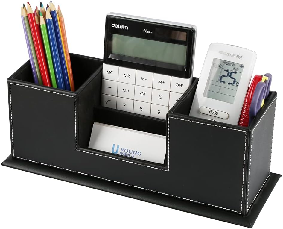 KINGFOM Office Supplies Desk Organizer PU Leather Storage Box 4 Divided Compartments for Pen Business Card Remote Control Mobile Phone Cosmetics Collection Holder (Black)