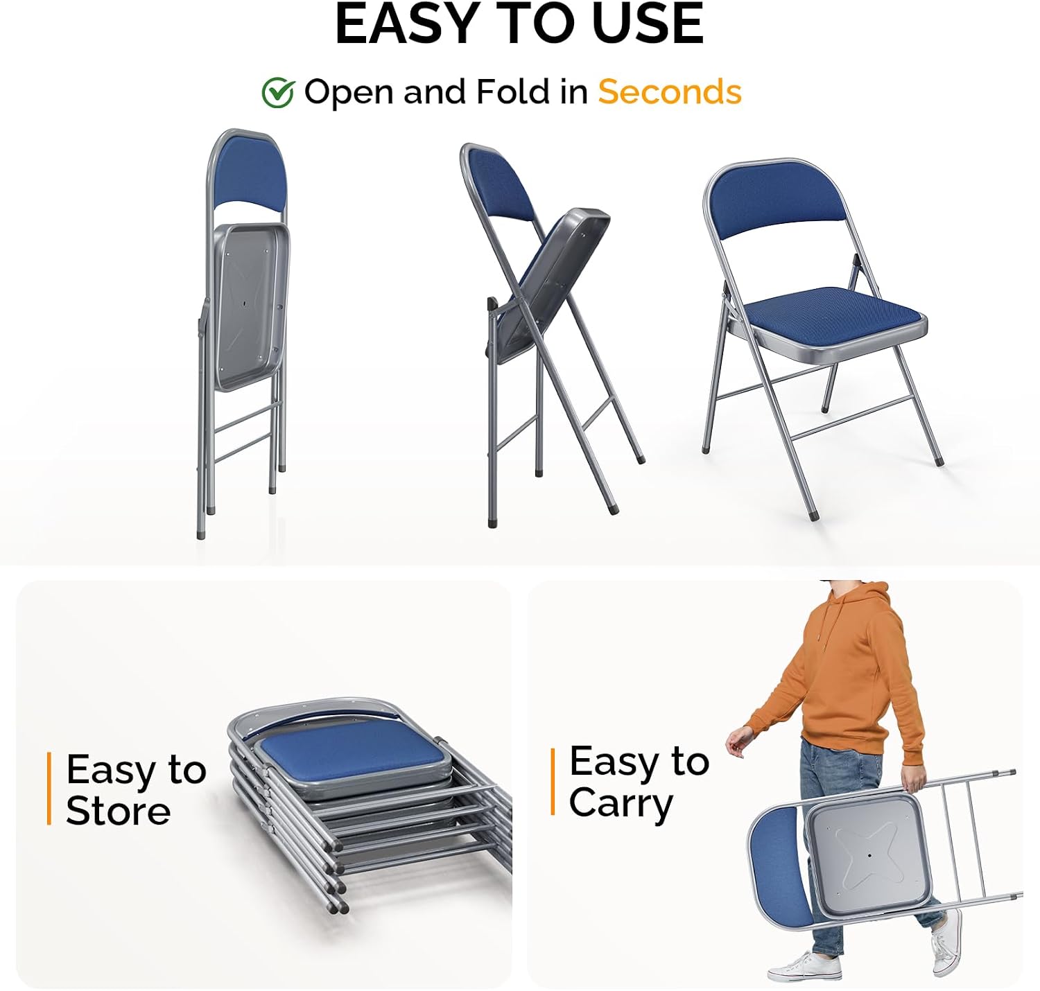 Bonnlo Folding Chair, Fabric Padded Folding Chairs with Cushion, Back and Steel Frame for Indoor Outdoor Outside Dinning Office Camping Use, Blue, 6 Pack