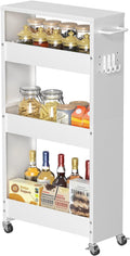 Slim Storage Cart, 4-Tier Kitchen Rolling Cart Narrow Storage Cabinet with Handle & Wheels, Metal Rolling Shelf Unit for Kitchen Bathroom Laundry Small Places (5.9IN White/White)