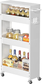 Slim Storage Cart, 4-Tier Kitchen Rolling Cart Narrow Storage Cabinet with Handle & Wheels, Metal Rolling Shelf Unit for Kitchen Bathroom Laundry Small Places (5.9IN White/White)