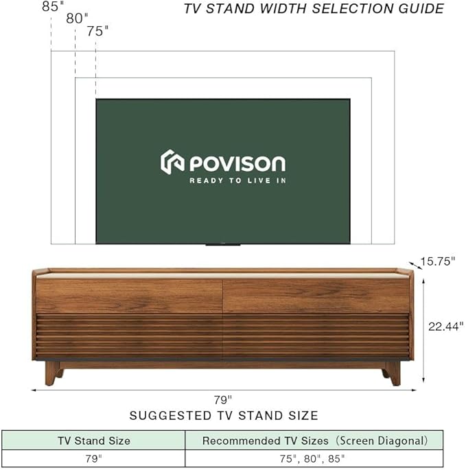 POVISON Fully-Assembled Mid Century Matte Sintered Stone TV Stand with Legs, 78.74" Wood Media Console with Adjustable LED Light, Entertainment Center with Storage for Living Room