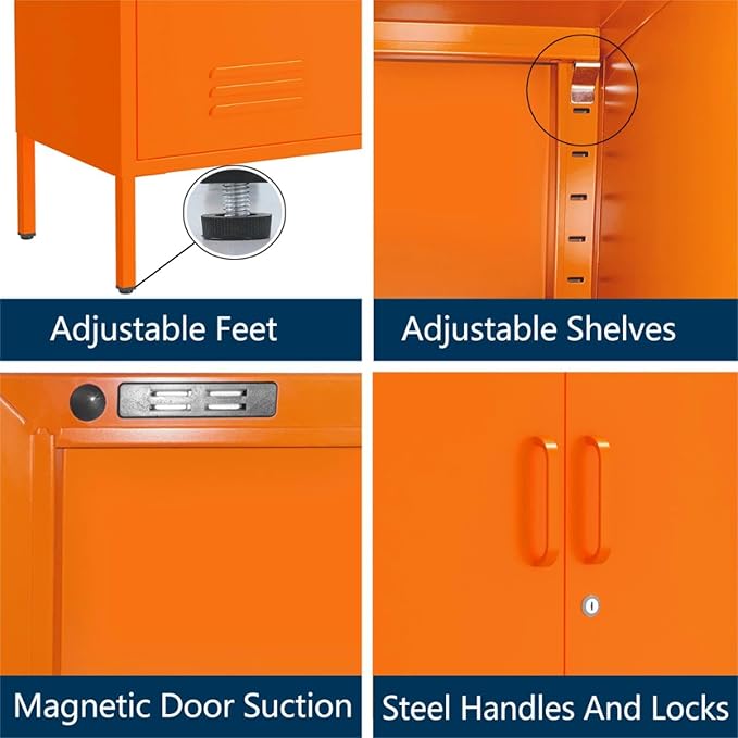 Wide Multipurpose Metal Storage Cabinet with Lockable Design & 2 Adjustable Partitions, Thickened Steel & Sturdy Construction for Home, Living Room & Office Orange 33" H X 29.5" W X 13.8" D
