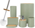 CERBIOR Bathroom Accessories Set 6 Piece Bamboo Bath Ensemble Includes Soap Dispenser, Toothbrush Holder, Toothbrush Cup, Soap Dish for Decorative Countertop and Housewarming Gift, Sriral Green