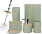 CERBIOR Bathroom Accessories Set 6 Piece Bamboo Bath Ensemble Includes Soap Dispenser, Toothbrush Holder, Toothbrush Cup, Soap Dish for Decorative Countertop and Housewarming Gift, Sriral Green