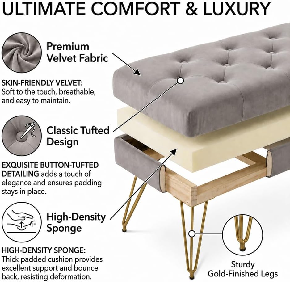 Velvet Button-Tufted Entryway Bench, 39.37" Modern Upholstered Bedroom B...