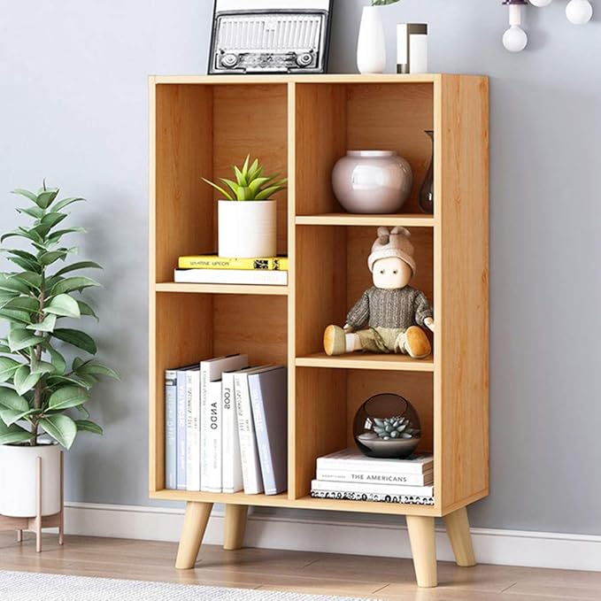 IOTXY Wooden Open Shelf Bookcase - 3-Tier Floor Standing Display Cabinet Rack with Legs, 5 Cubes Bookshelf, Pear Yellow