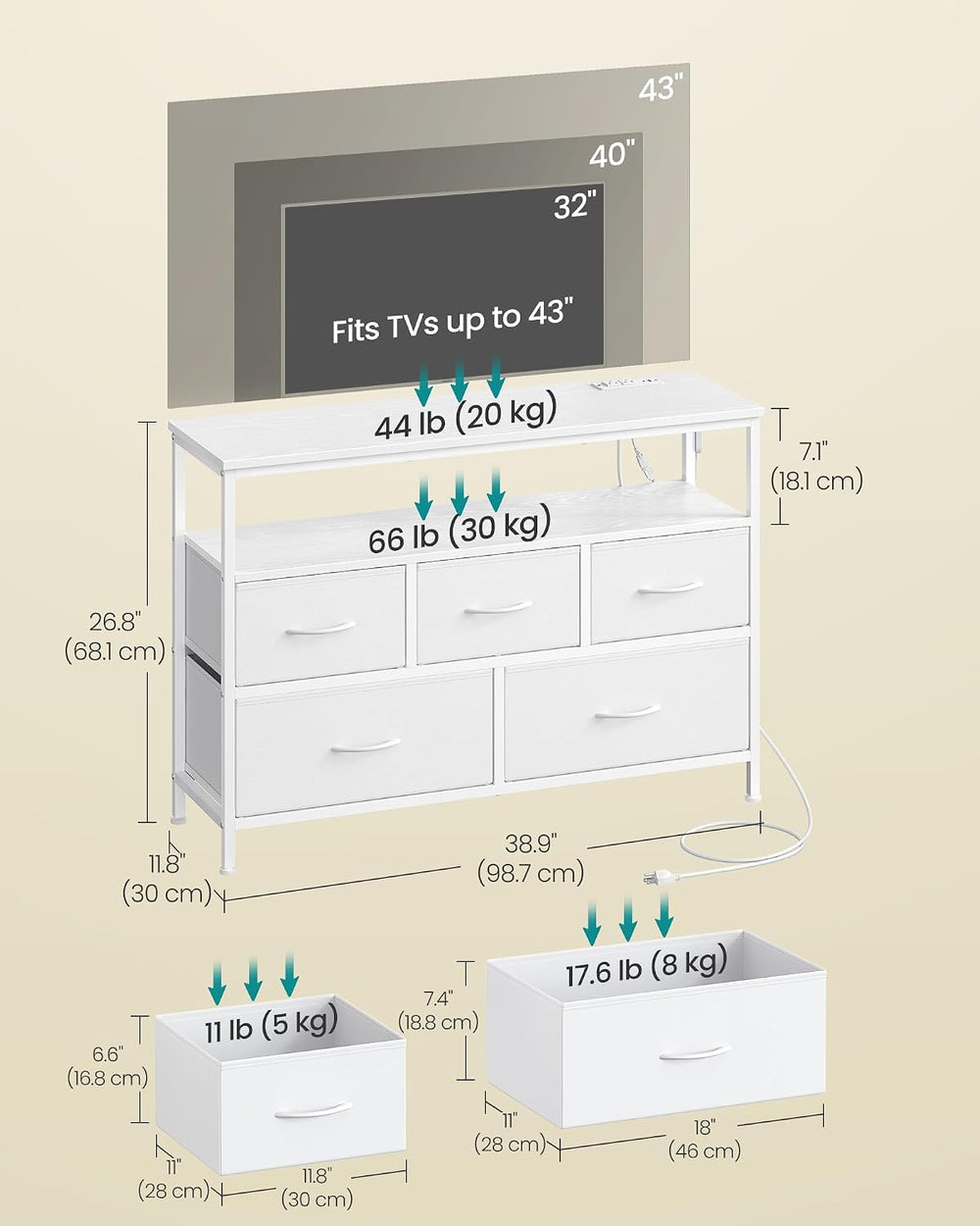 SONGMICS Dresser with App-Controlled LED Lights, 5 Fabric Drawers Dresser
