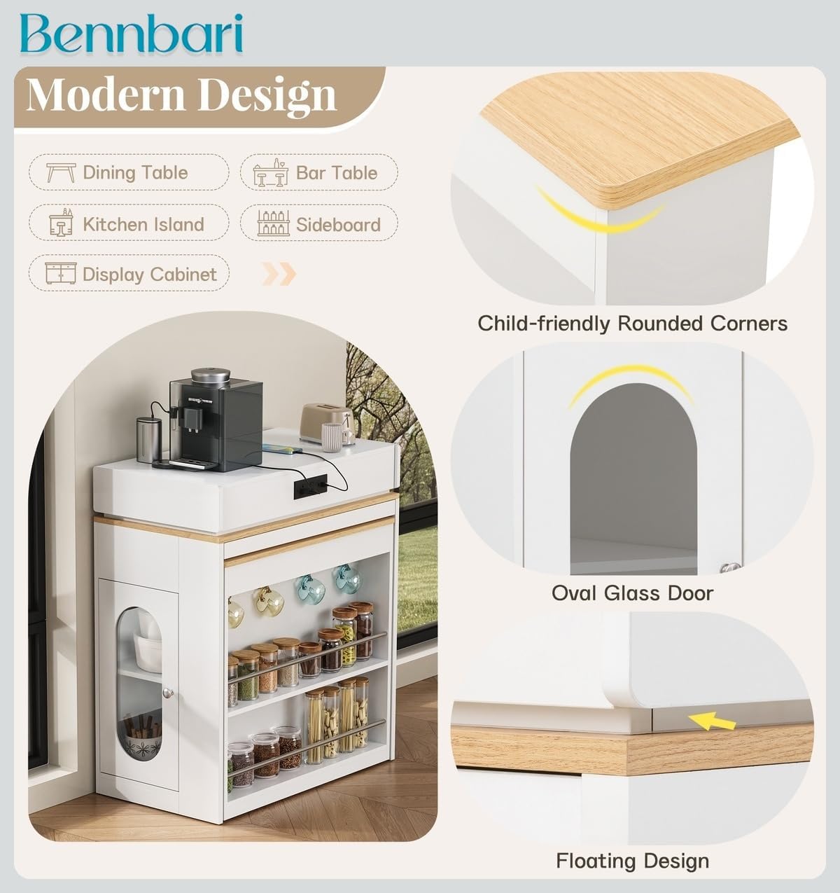 Kitchen Island with Extendable Dining Table, Bar Table with Folding Tabletop and Power Outlet, Storage Island with Drawers, Wheels and Hooks, Ships in 2 Boxes (Creamy White & Natural)