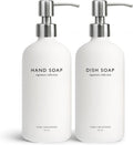 Vine Creations White Glass Soap Dispenser Set, Dish Soap and Hand Soap Dispenser Set with Stainless Steel Pump, 16 oz Glass Dispensers for Kitchen or Bathroom Decor (Matte White Bottle/Silver)