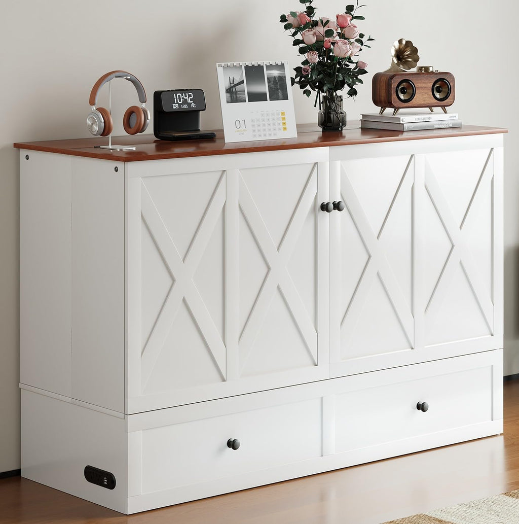 BALUS Full Size Murphy Bed, Murphy Cabinet Bed with USB Charging Station & Storage Drawers, Full Murphy Cabinet Beds for Living Rooom, Apartment, Home Office, Bedroom, No Mattress-White