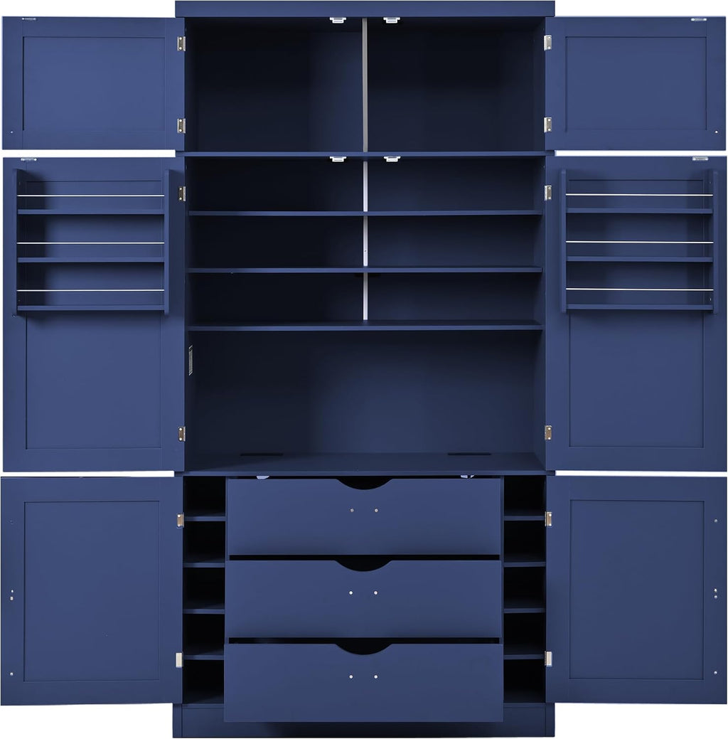 80.1'' Tall Freestanding Kitchen Pantry,Large Shake Style Storage Cabinet Cupboard with 2 Power Outlets,Adjustable Shelves and Door Shelves,for Dining Room (Blue/Power)